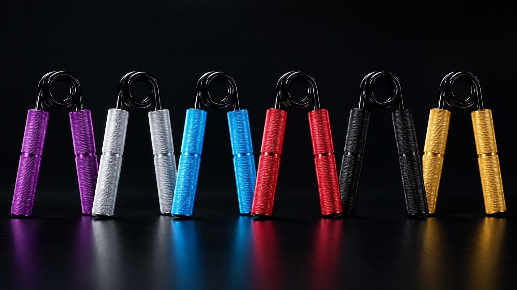 Les six Grip Trainers, du violet à l'or