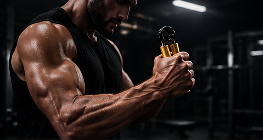Homme musclé serrant un Grip Trainer en salle