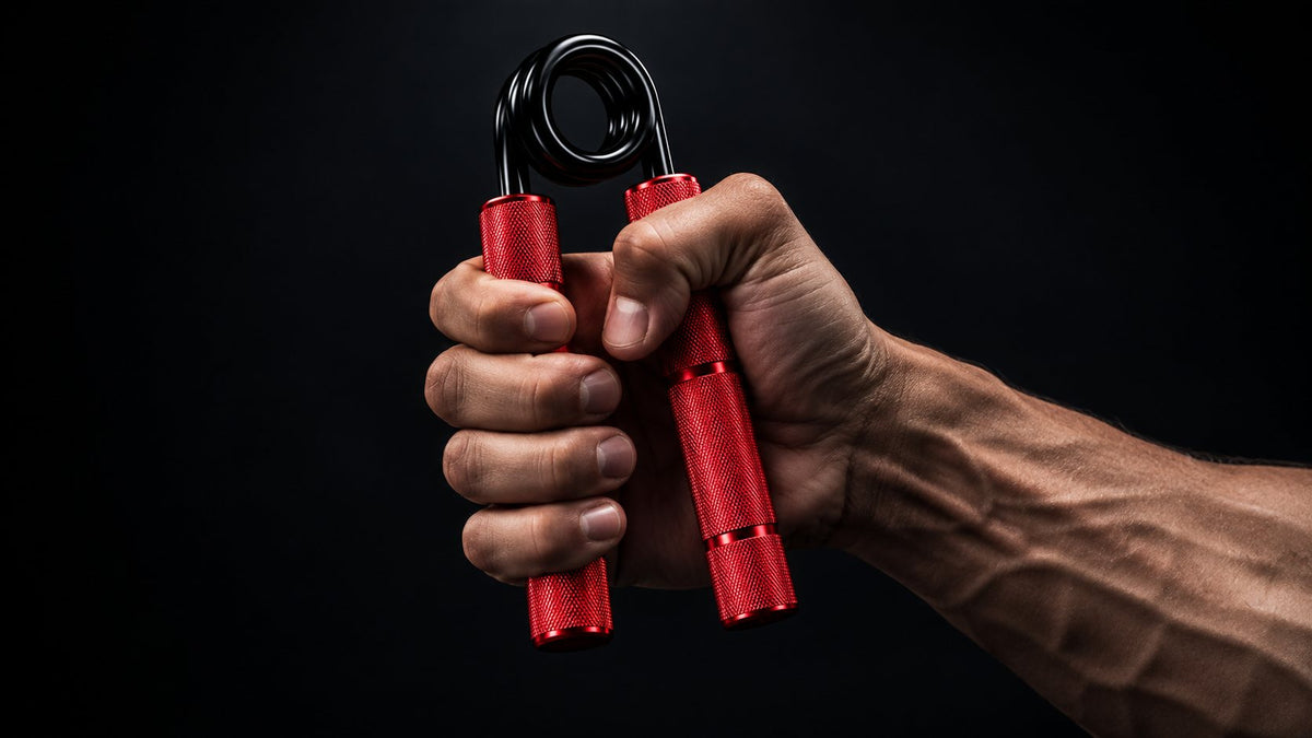 Main serrant un Grip Trainer rouge Mog Avenue, avant-bras veiné, fond noir