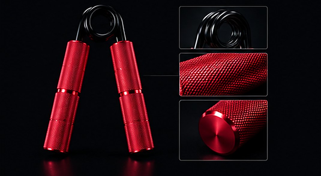 Grip Trainer rouge et détails : ressort, moletage, embout
