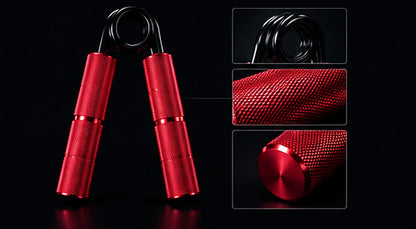 Grip Trainer rouge et détails : ressort, moletage, embout