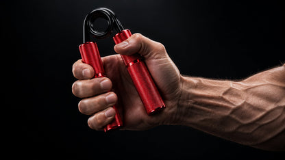 Grip Trainer rouge fermé en main, avant-bras musclé et veines visibles